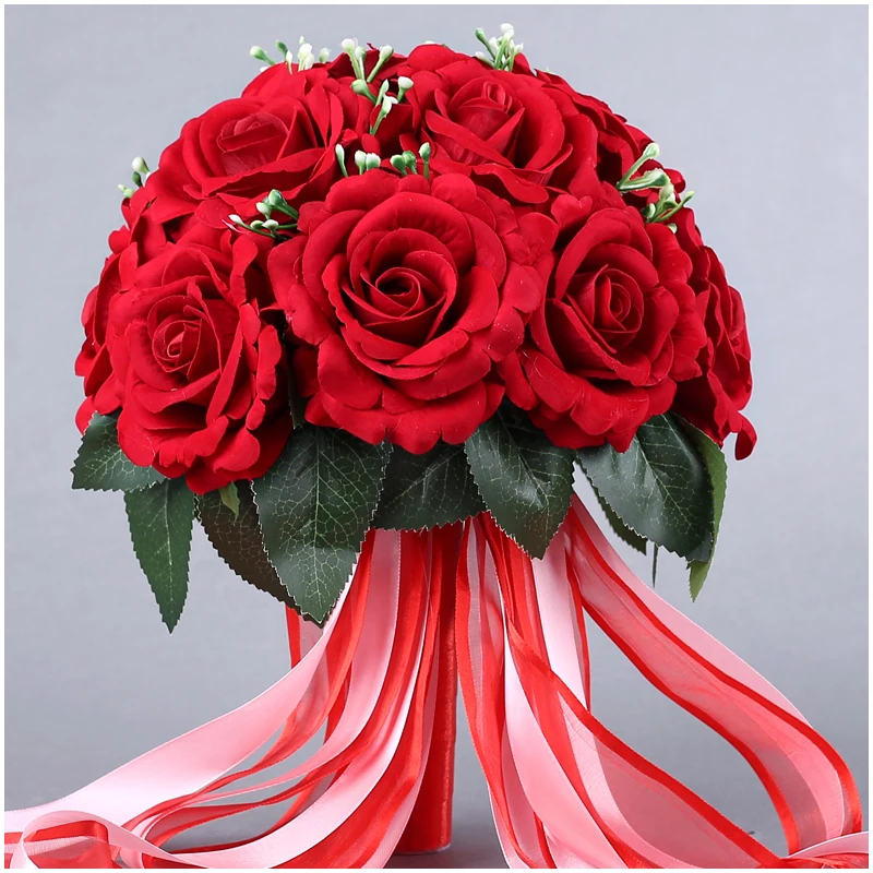 Bouquet de fleurs pour mariée, 15 pièces, rouge chinois, créatif, fleur à main pour demoiselle d'honneur, avec accessoires de ruban, Rose