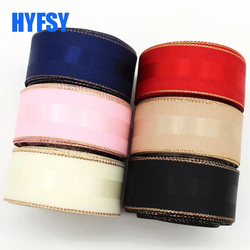 10 Yards 10MM/25MM/38MM Glitter Gold Edge Double Sided Grosgrain Ribbon Christmas Decor Materials Hair Bows Gift Packing