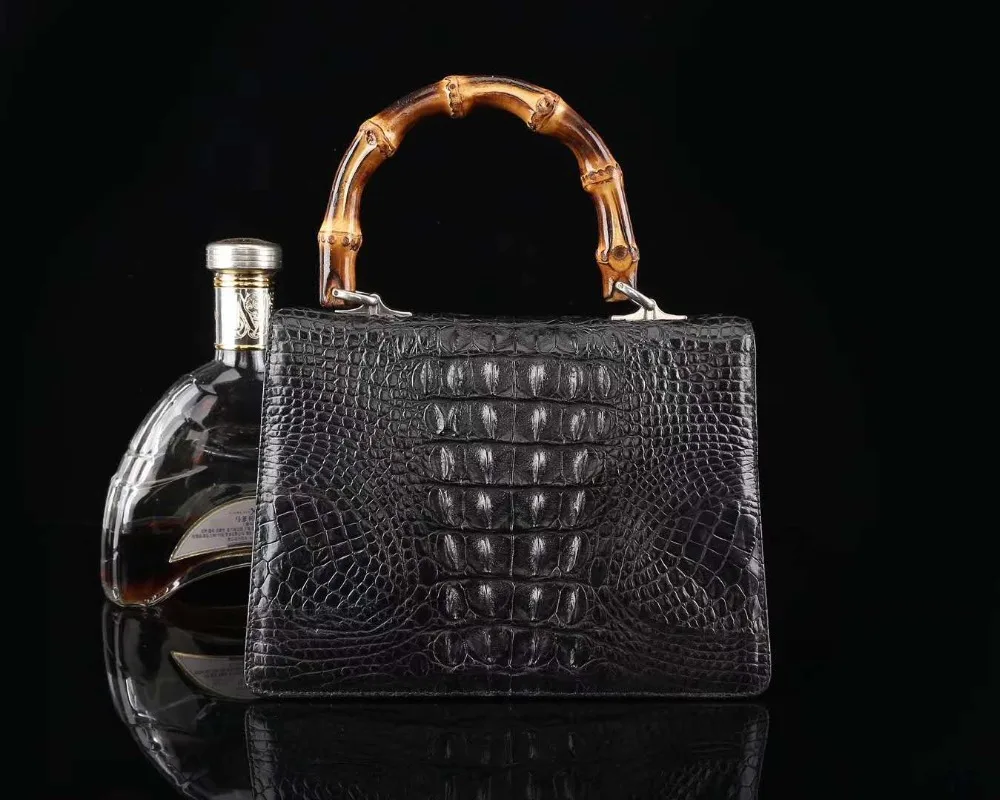 2018 latest double snake head metal top quality genuine crocodile skin women tote shoulder cross body bag with bamboo handle