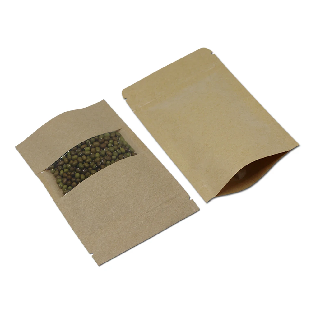 Doypack Ziplock Brown Kraft Paper Bags Pack Package Retail Storage Bag for Dried Food Cooffe Nut Stand Up Window Resealable