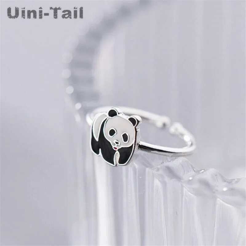 Uini-Tail hot new 925 Tibetan silver cute panda opening adjustable ring China National Treasure sweet fashion small animal JZ086