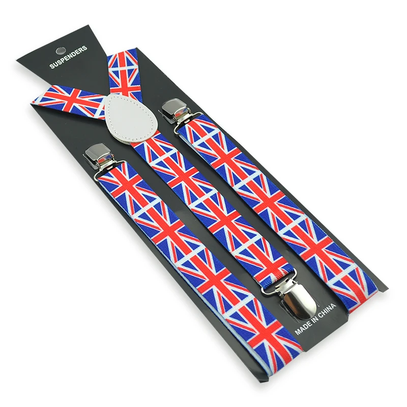 New 1 Inch Wide Classical England Flag Pattern Suspender Unisex Clip-on Braces Elastic Slim Suspenders Y-back Shoulder Straps