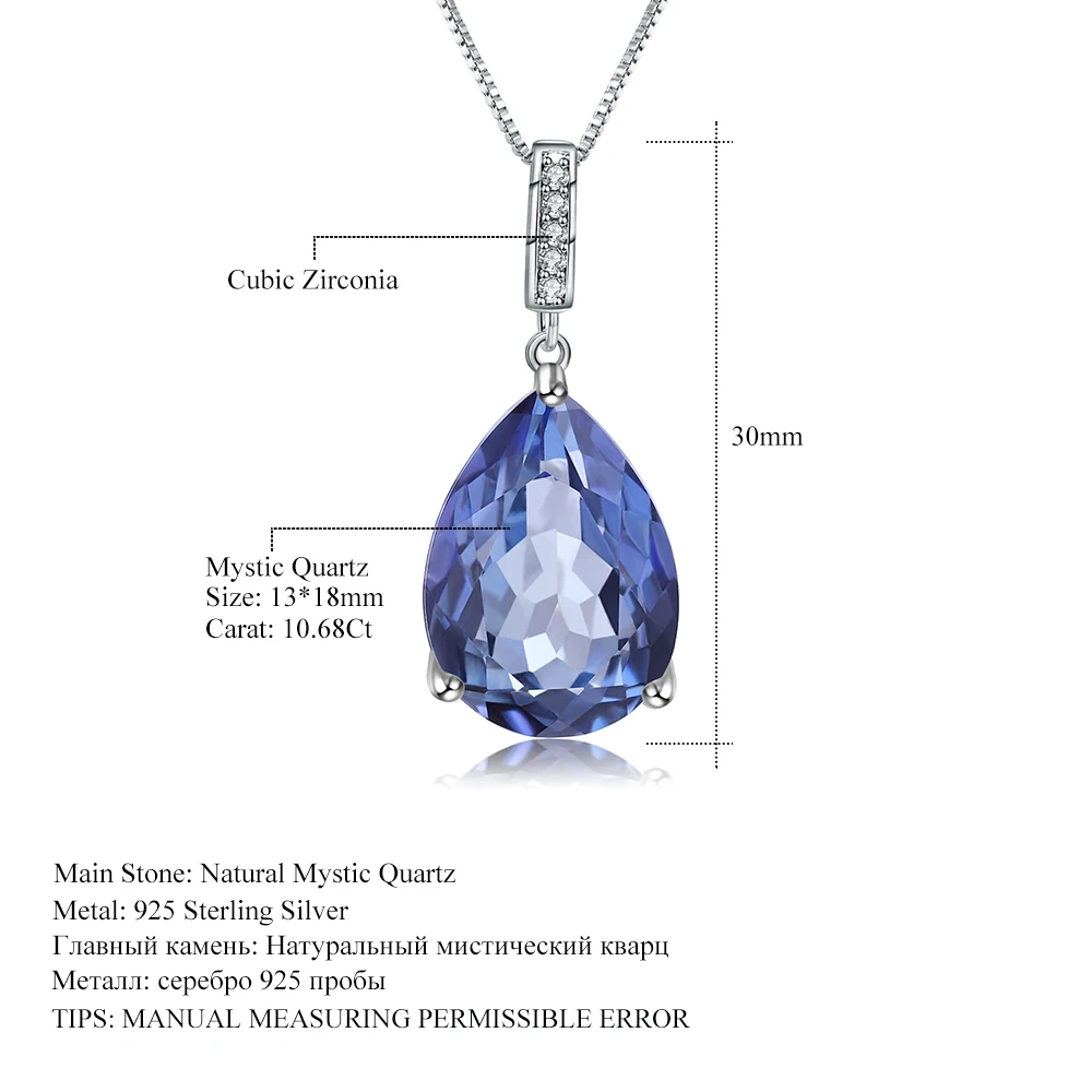 GEM\'S BALLET 10.68Ct Natural Iolite Blue Mystic Quartz Water Drop Pendant Necklace 925 Sterling Silver Fine Jewelry for Women