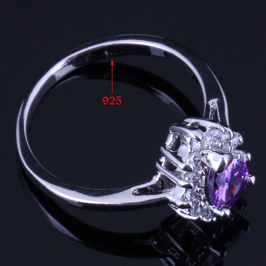 Divine Purple Cubic Zirconia White CZ Silver Plated Jewelry Sets Earrings Pendant Chain Ring V0327