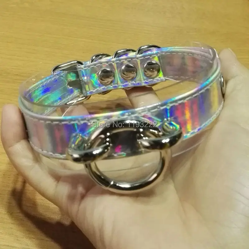 100% Handmade Women's Holographic Choker Doule Straps Layer Choker Harajuku Lolita Circle Collar Clear PVC Fetish Necklace