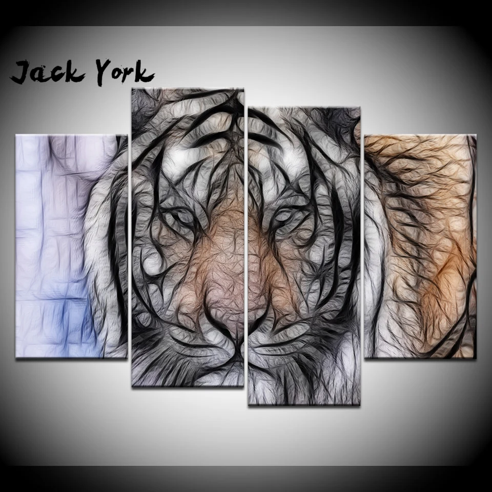 

Canvas Painting Abstract art tiger picture 4 Pieces Wall Art Painting Modular Wallpapers Poster Print Home Decor free shipping