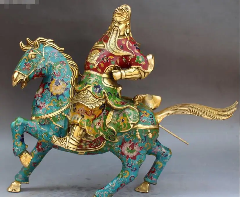 44CM Chinese Cloisonne Enamel Gilt Guan Gong Yu Warrior Ride Horse God Statue