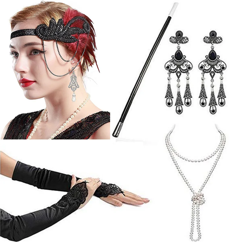 2022 New Design Women's cosplay headbands necklace gloves earring set flapper costume 1920S Great GATSBY Halloween Accessories