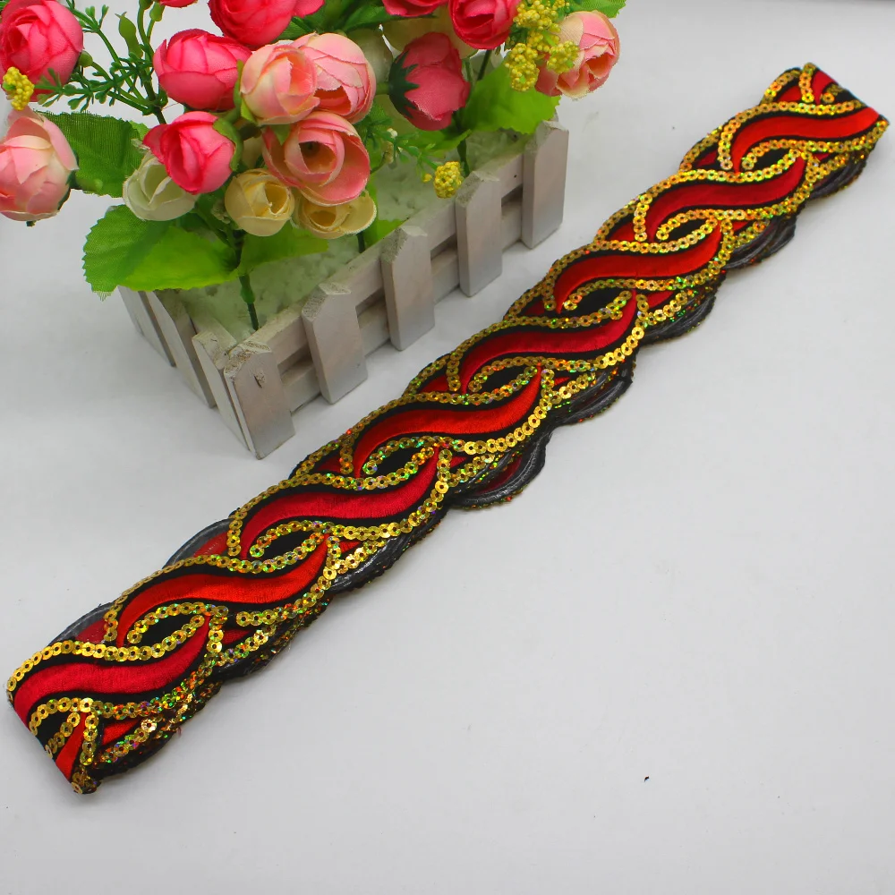 1 Yard Colored Embroidered Lace Fancy Gold Sequined Lace Wave Striped Ribbons Appliqued Belt Braided Diy Apparel Trim 5.0CM