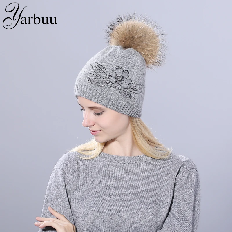 [YARBUU] winter Knitted hat for women Flower lace Rhinestone Hats For Women Beanies real mink fur ball cap female wool Skullies