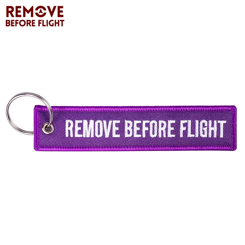 Fashion REMOVE BEFORE FLIGHT Key Chains Purple Embroidery Aviation Keychain for Cars Motorcycles OEM Key Fobs Key Ring Tags