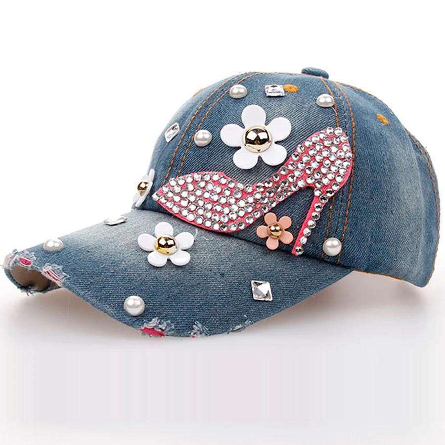 Female's Denim Baseball Caps Flower Decorated Manual Drill High Heel Shoe Pattern Hats for Women High Quality New Arrival SY549