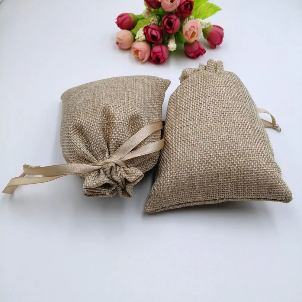 7x9 10x14 13x18 Jute Sack Ribbon Birthday Gift Bags Toile De Jute Drawstring Bag Jewelry Pouches Gift Bags Wedding Packing Bags