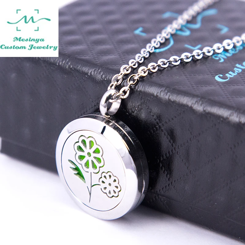 With shiny Chain!10pcs mesinya 1'' The Scent of the Flower Aromatherapy /Essential Oils Stainless Steel Diffuser Locket Necklace