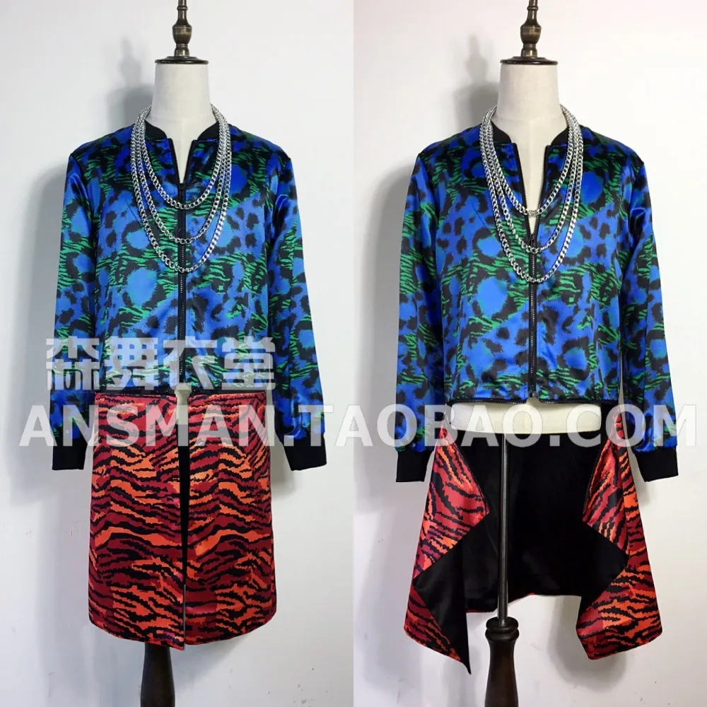 

New Male Fashion Leopard Removable Long Baseball Jacket uniforms costumes Male singer dancer stage show performance wear