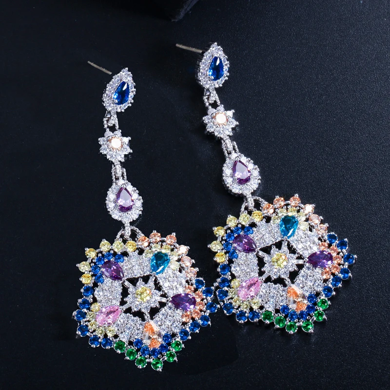 CWWZircons Luxury Multi Colors Cubic Zirconia Long Big Drop Earrings High Quality Women CZ Party Costume Jewelry Accessory CZ353