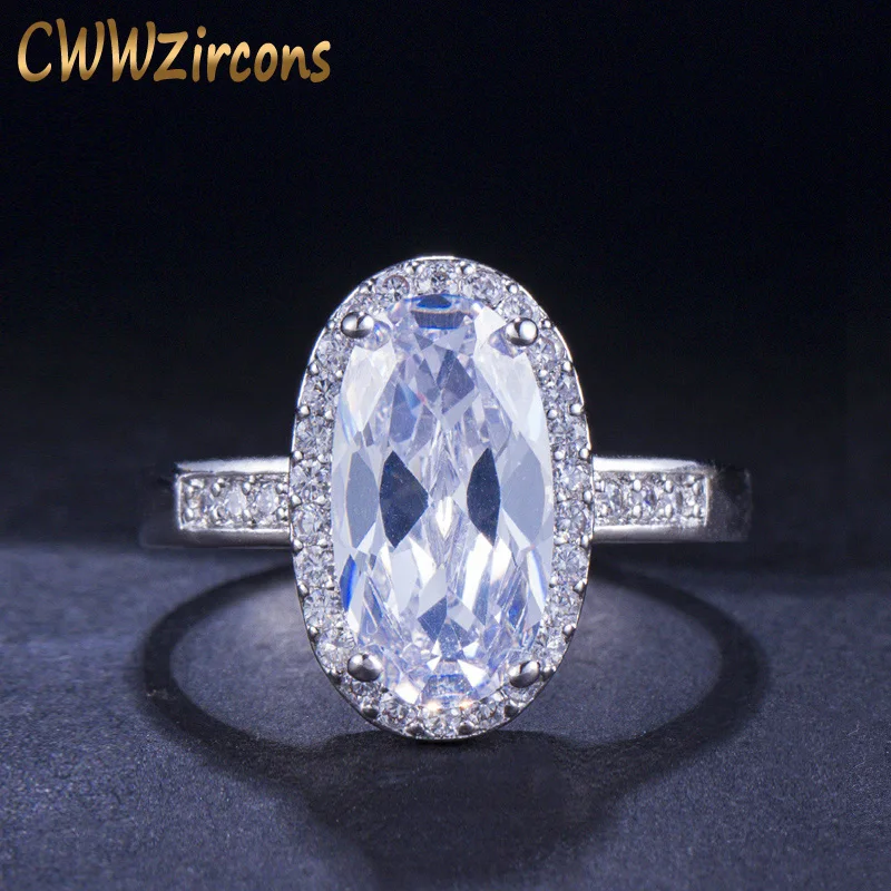 CWWZircons-Anillos de Compromiso de alta calidad para mujer, Color plateado, brillante, piedra de circonita cúbica ovalada grande, joyería de boda, regalo R064