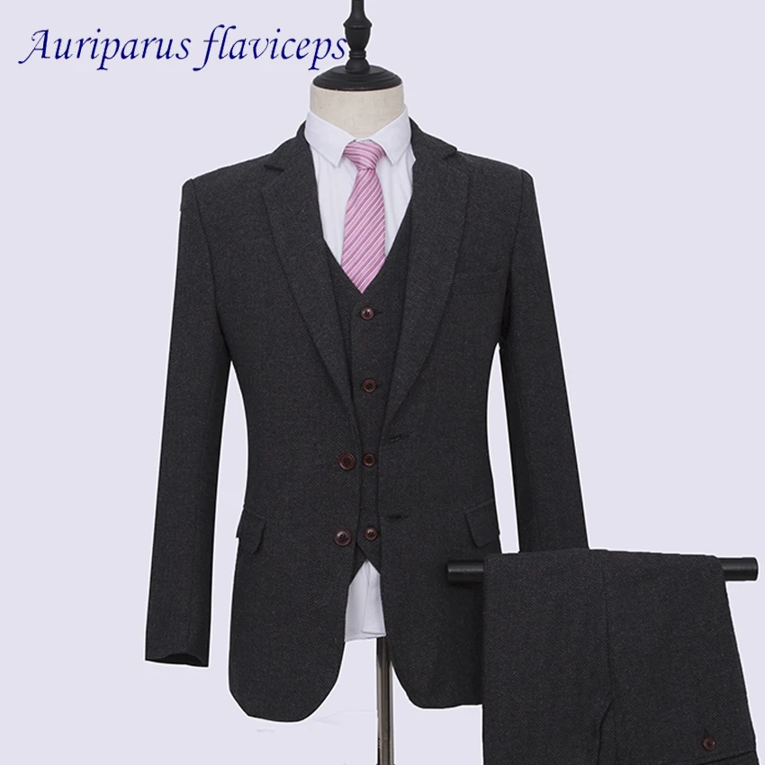 

Black Harringbone Man Suit Black Tweed Wedding Suit Groom Tuxedos Harringbone Blazer for Groomsman Suit(Jacket+pants+vest)