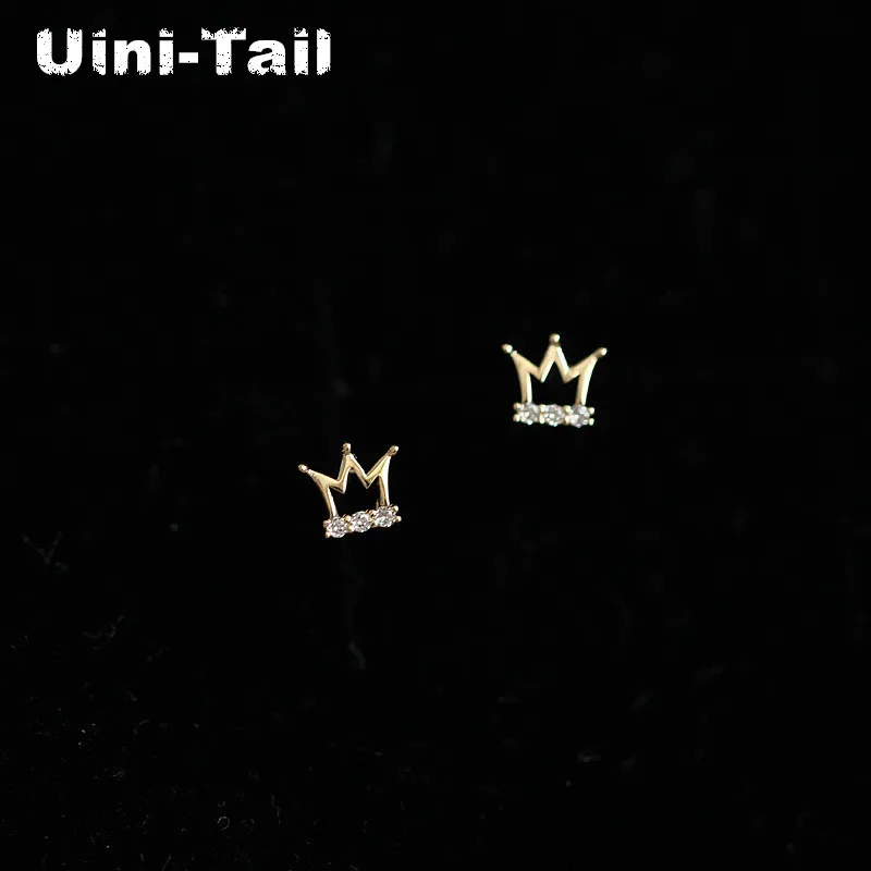 Uini-Tail 2024 new listing 925 Tibetan silver cute delicate gold small crown micro-set earrings fashion sweet and niche design