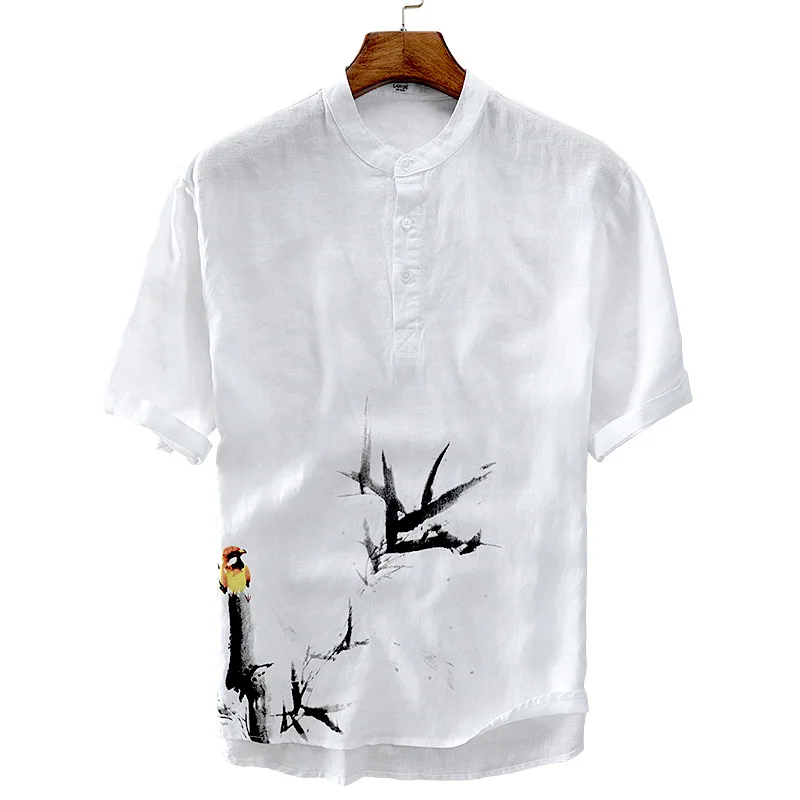 Camisa de lino puro de manga corta con cuello levantado para hombre, Camisa blanca de lino con estampado de pintura de tinta china