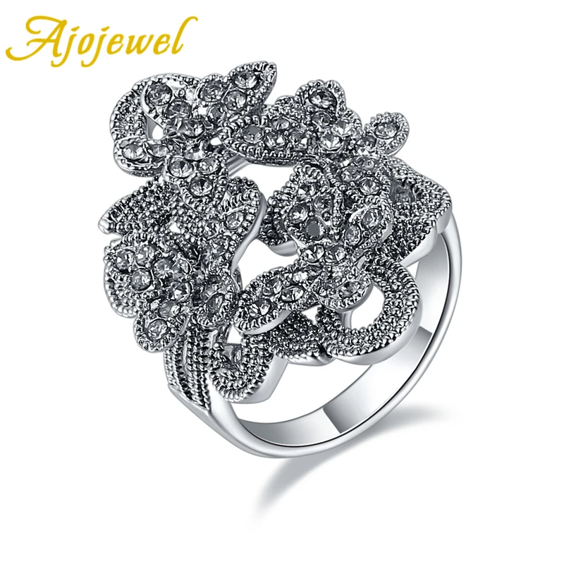 Ajojewel Size 7-9 Hollow Butterfly Rings For Women Full Of Black Rhinestone Elegant Vintage Jewelry Wholesale