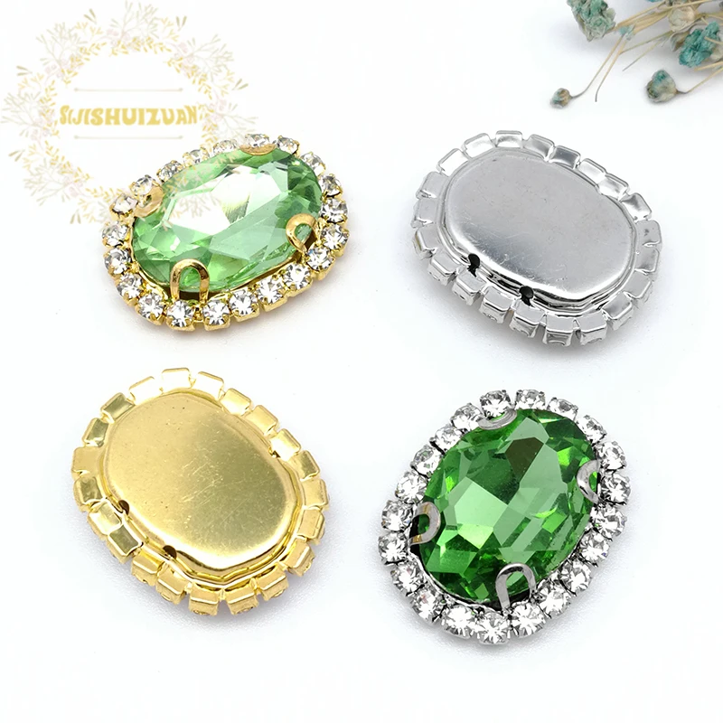 Shiny Light Green Oval Shape Glass Crystal Sew On Rhinestones Gold/Silver Bottom With Crystal Buckle Diy Wedding Dresss