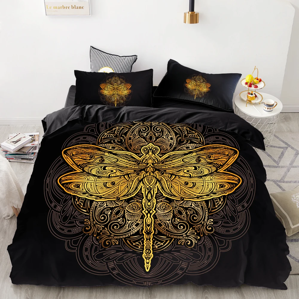 3D HD Digital Printing Custom Bedding Set,Duvet Cover Set Queen Cal King,Bedclothes Golden dragonfly on black Drop Shipping