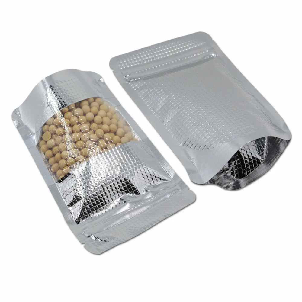 

200Pcs/lot Gold Silver Stand Up Embossed Design Aluminum Foil Zipper Packaging Bag with Clear Window for Tea Nuts Ratail Storage