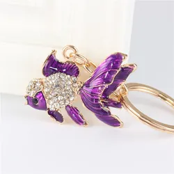 Lovely Purple Goldfish Fish Cute Crystal Charm Purse Handbag Car Key Keyring Keychain Party Wedding Birthday Gift