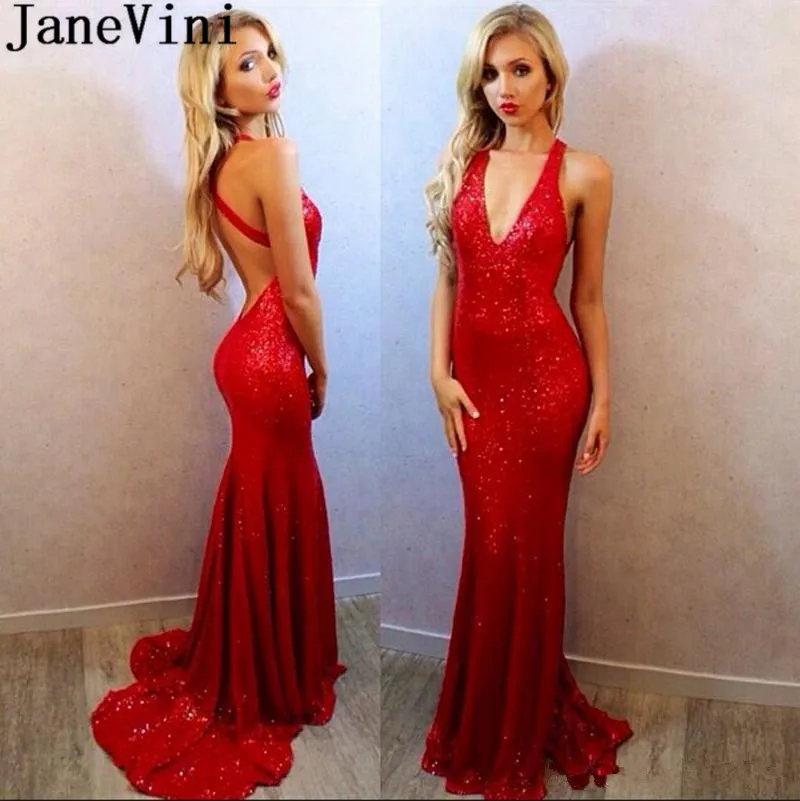 

JaneVini Blingbling Sequined Prom Dresses Red Long Tight Fitted Mermaid Evening Dress Prom Gown Sweep Train Backless Party Wear