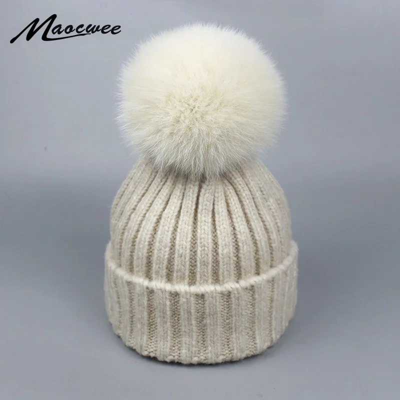 

100% Real Fox Fur Pompoms Hats Women Winter Caps with Fox Ponpon Colored Fur Pompom Beanie Female Mink Knitted Wool Caps Bones