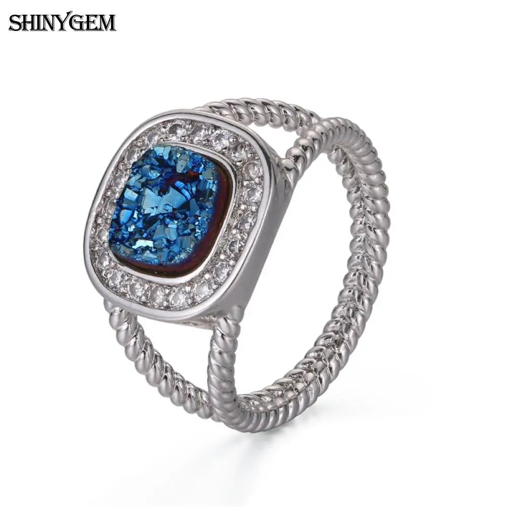 

ShinyGem Fashion Stainless Steel Druzy Rings Square Natural Stone Druzy Rings Blue/Rainbow/Opal Crystal Wedding Rings For Women