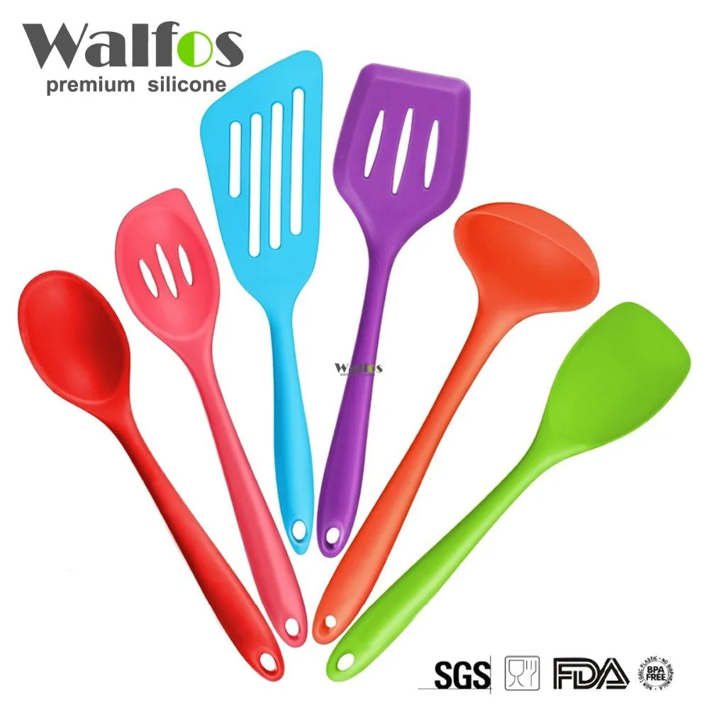 WALFOS Silicone Kitchen Utensils,6 Piece Cooking Utensil Set Spatula,Spoon Ladle,Spaghetti Server, Slotted Turner. Cooking Tools