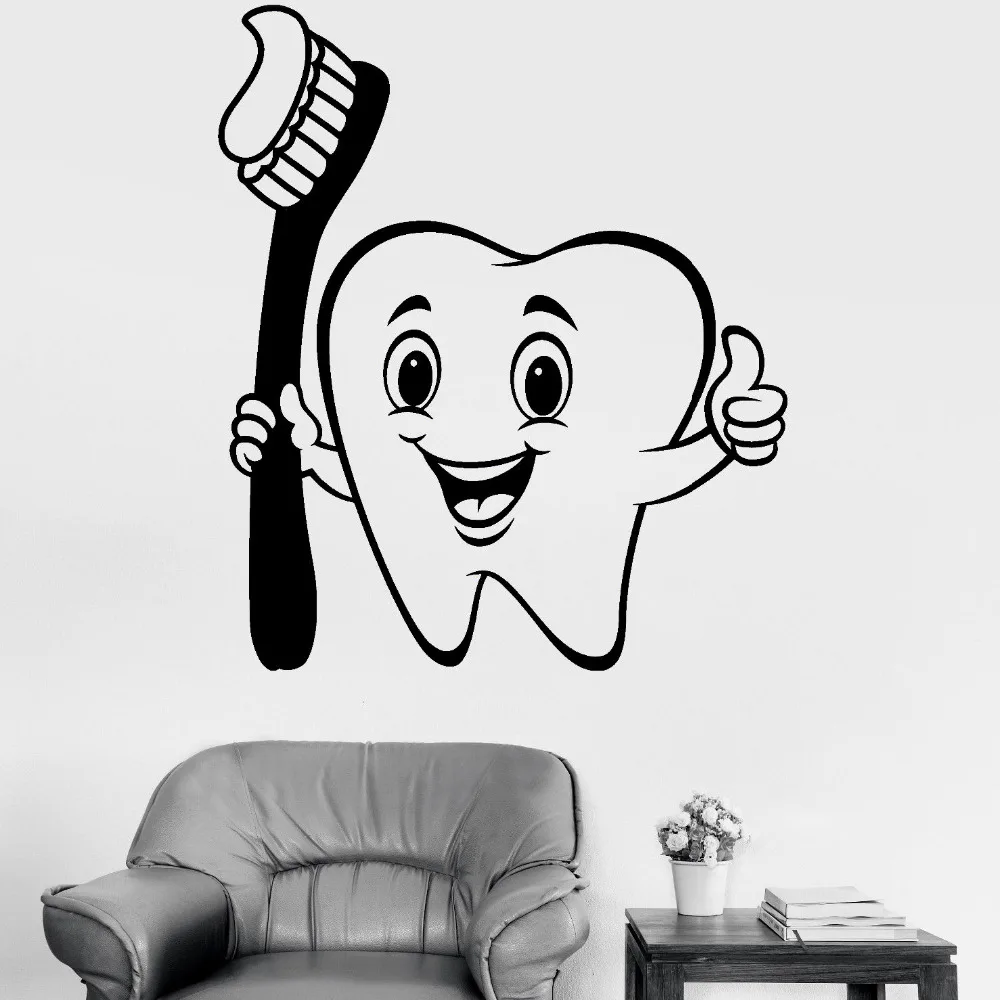 Cute Vinyl Wall Sticker Positive Cartoon Tooth Toothbrush Home Decor Mural Dental Care Decal Bathroom Decorative Wallpaper LC293