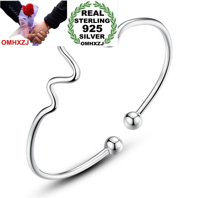 OMHXZJ Wholesale Fashion Cute Woman Child Gift Tone Waves Heartbeat ECG 925 Sterling Silver Bracelet Bangle Open Adjustable SZ70