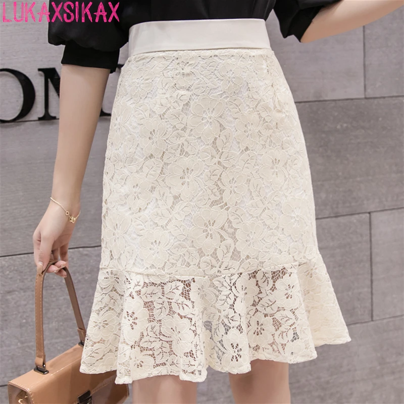 Special Offer Spring Summer Women High Waist Slim Mini Skirt High Quality Korean Style Sweet Mermaid Hem Lace Skirt Black XL