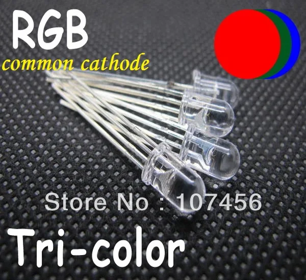 100PCS X 5mm 4 PIN Common Cathode RGB LED Water Clear Red/Green/Blue 5mm tri-color red,blue,green led