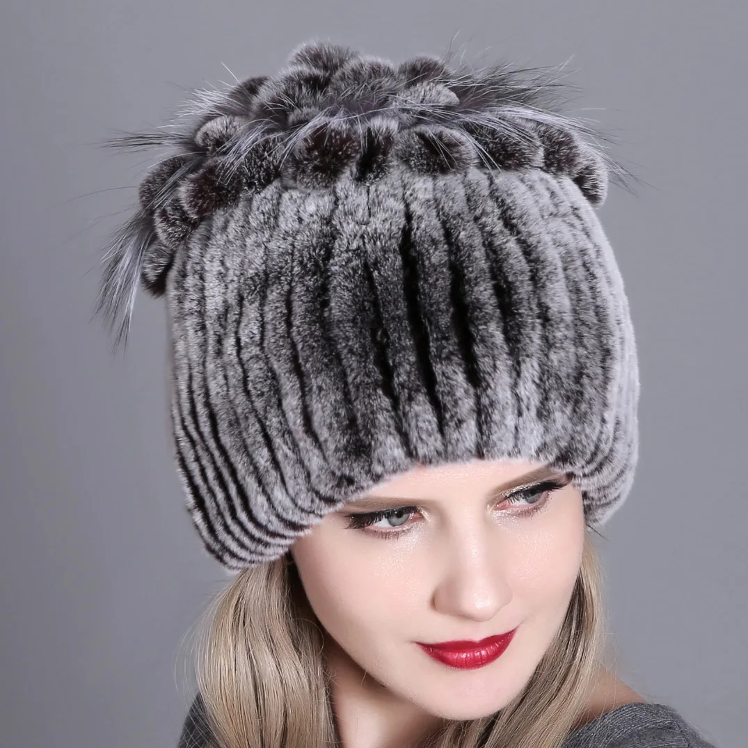 

Warming Thickening Women's Beanies Hat Ladies Knitted Rex Rabbit Fur Autumn Winter Cap Girl Fashion Casual Skullies Hats H7019