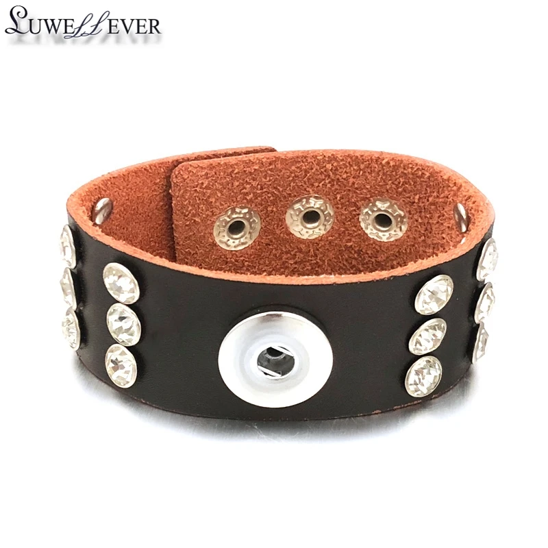 Fashion 099 Interchangeable Really Genuine Leather Crystal Bracelet 18mm Snap Button Bangle Charm Jewelry For Women Men Gift