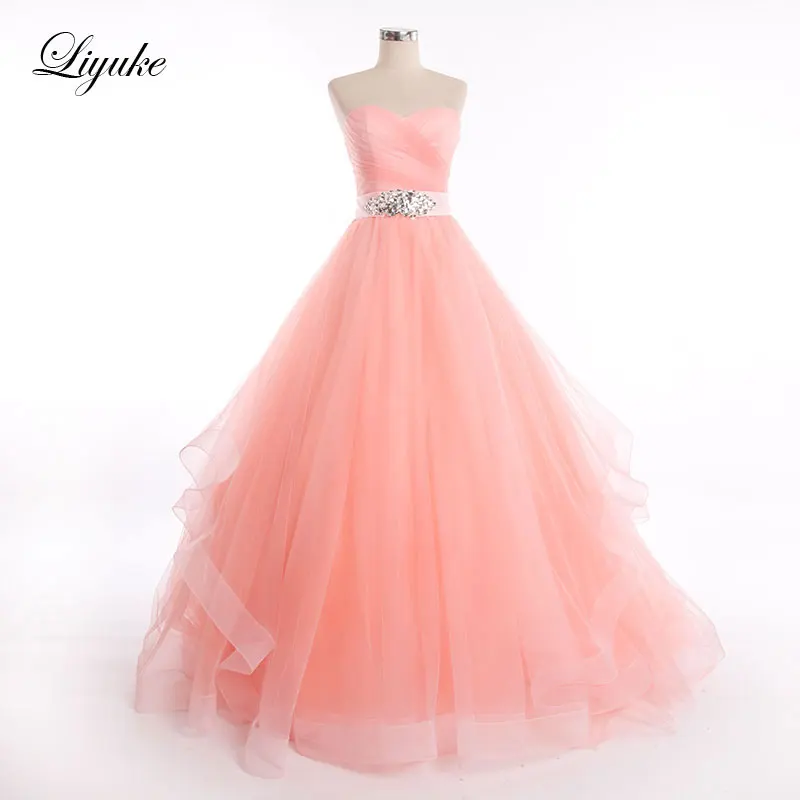 Pleat Dress Liyuke Strapless A-Line Evening Dresses Elegant  New Arrival Floor-Length Organza Pink Skirt With Beading Sash