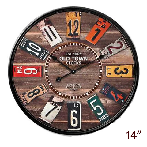 Antique Country Style Dark Wood Accents with Arabic Numerals Round 12/ 14 /16 Inches Black Iron Framed MDF Wall Clock