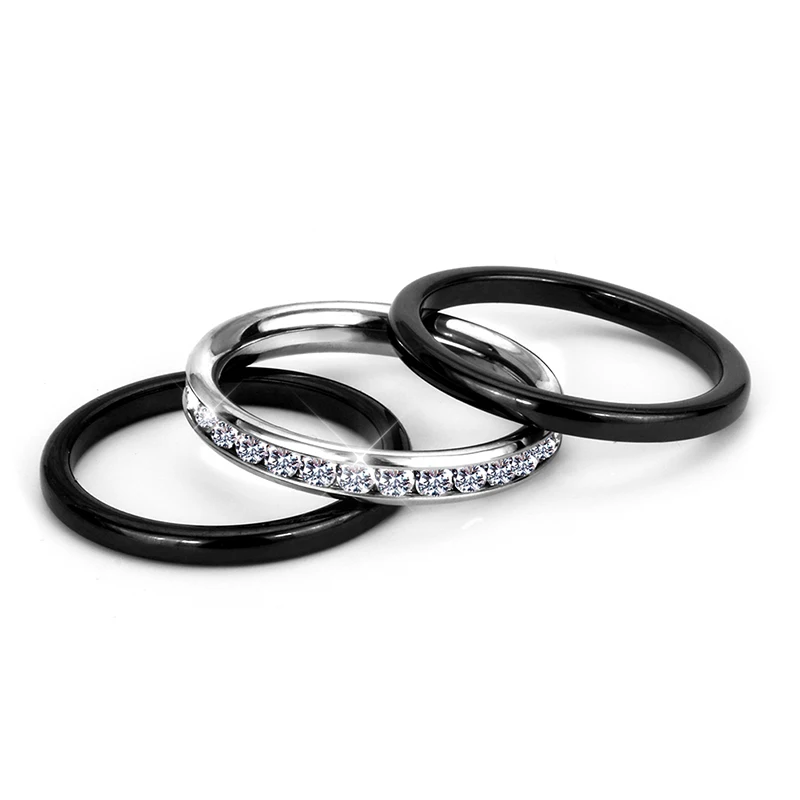 3PCS/Set Modern Colorful Rings Set Innocuous Health Ceramic Rings With White Stone Crystal For Women Stainless Steel Hot Ring