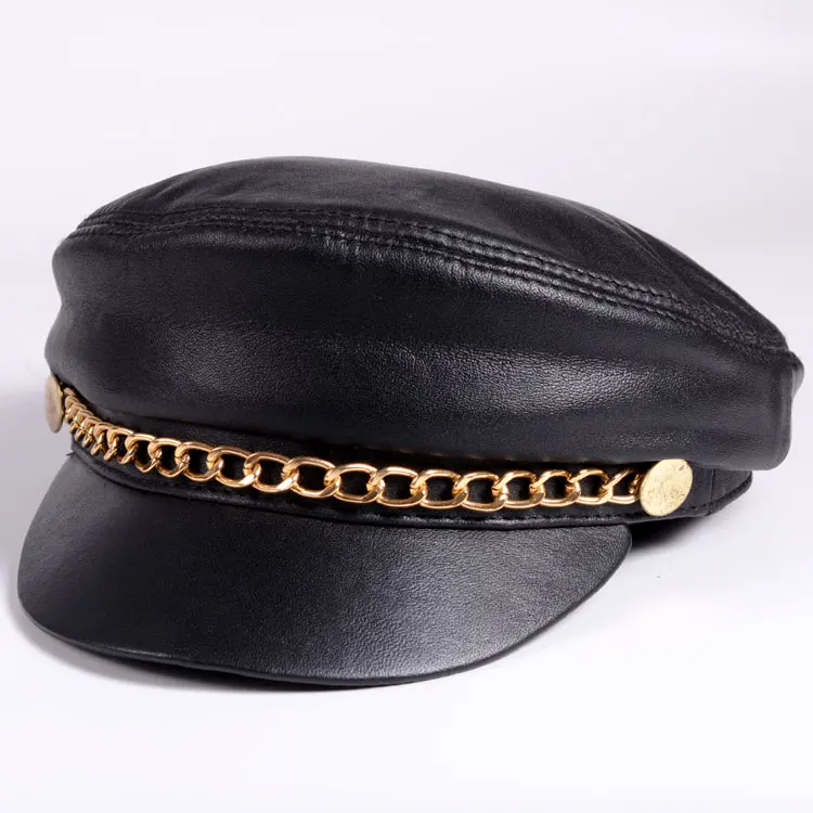 RY0103 Winter Ladies Genuine Leather Berets Woman/Man 100 Percent Sheepskin Golden/Silver Chain Gorras Students Baseball Caps