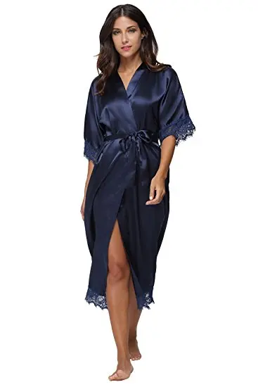 Summer Lace Patchwork Satin Kimono Robe Sexy Sleepwear Lingerie Chemises Women Silk Long Nightgown Wedding bridesmaid Robes