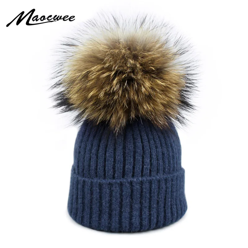 Natural Raccoon Fur Hats for Women Knitted Braid Beanie Female Caps Pompon Headgear Winter Girl Lady Skullies Hats