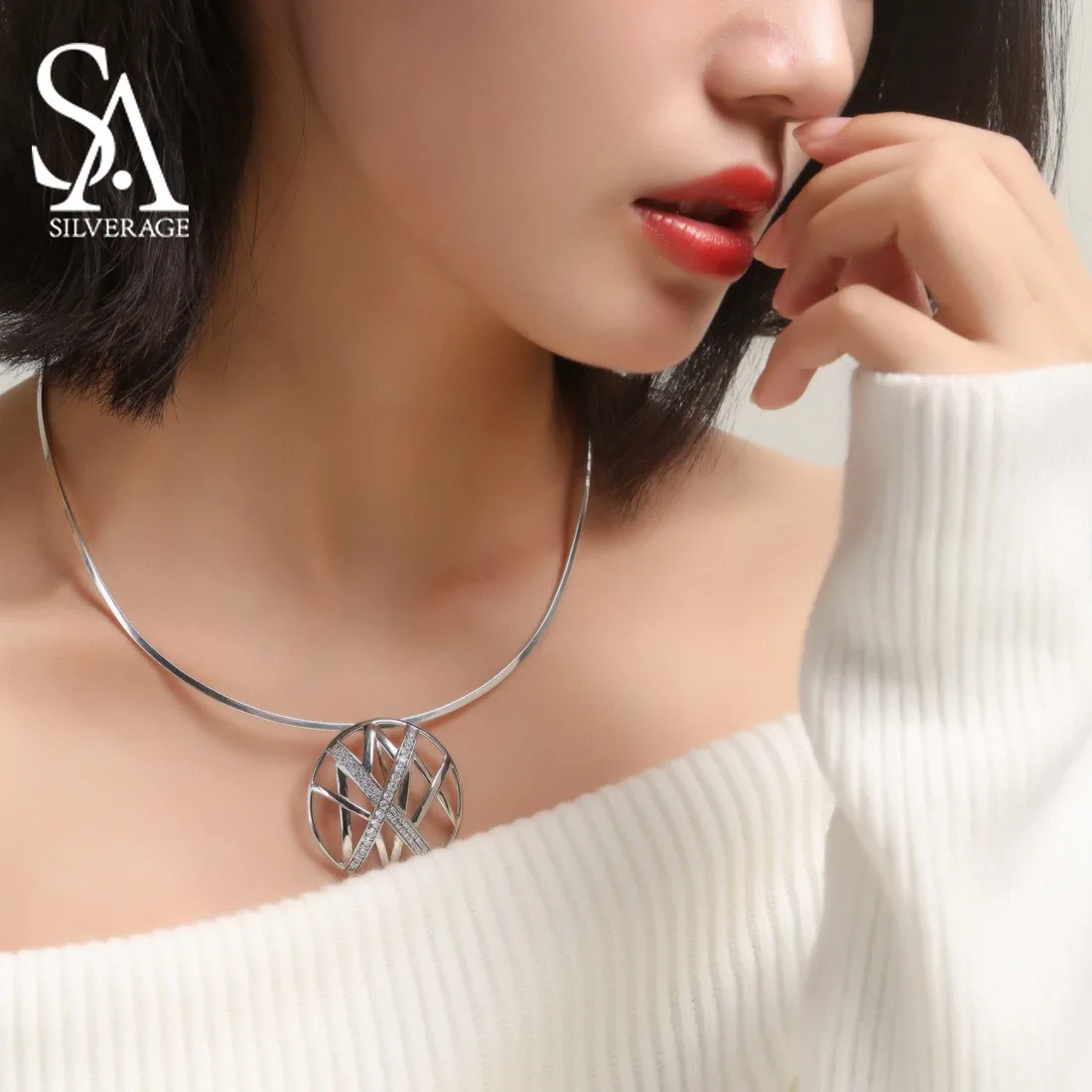 SA SILVERAGE 925 Sterling Silver Choker Necklace Chocker Necklaces Fine Jewelry For Women Gift Box with Silver Polishing Cloth