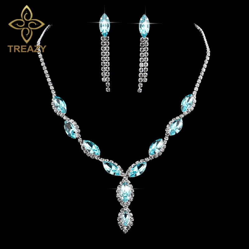 TREAZY Luxury Bridal Jewelry Sets Sky Blue Color Crystal Necklace Earrings Jewelry Set for Women Wedding Accessories Gifts
