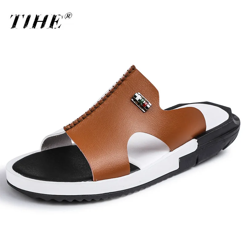 Hot Sandals Men Summer Slippers 2023 Fashion Peep Toe PU Flip Flops Shoes Male Outdoor Non-slip Flat Beach Slides Big Size 38-46