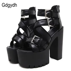 Gdgydh Open Toe Black Sandals Woman Platform Shoes Thick Heels Sandals Brand Designer Sexy Soft Leather Women's Shoes Summer