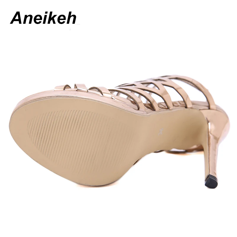 Aneikeh 2024 Fashion Night Club Sexy Hollow Out Super High Heel Womens Sandals Patent Leather Gladiator Golden Party Shoes 35-40